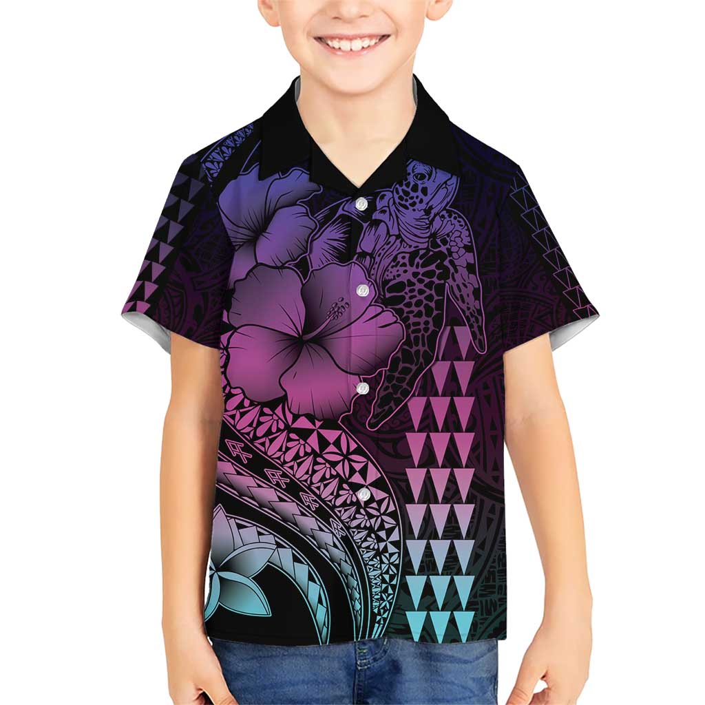 Hawaiian Sea Turtle Kid Hawaiian Shirt Pink Hibiscus Flowers and Kakau Pattern LT9 Kid Pink - Polynesian Pride