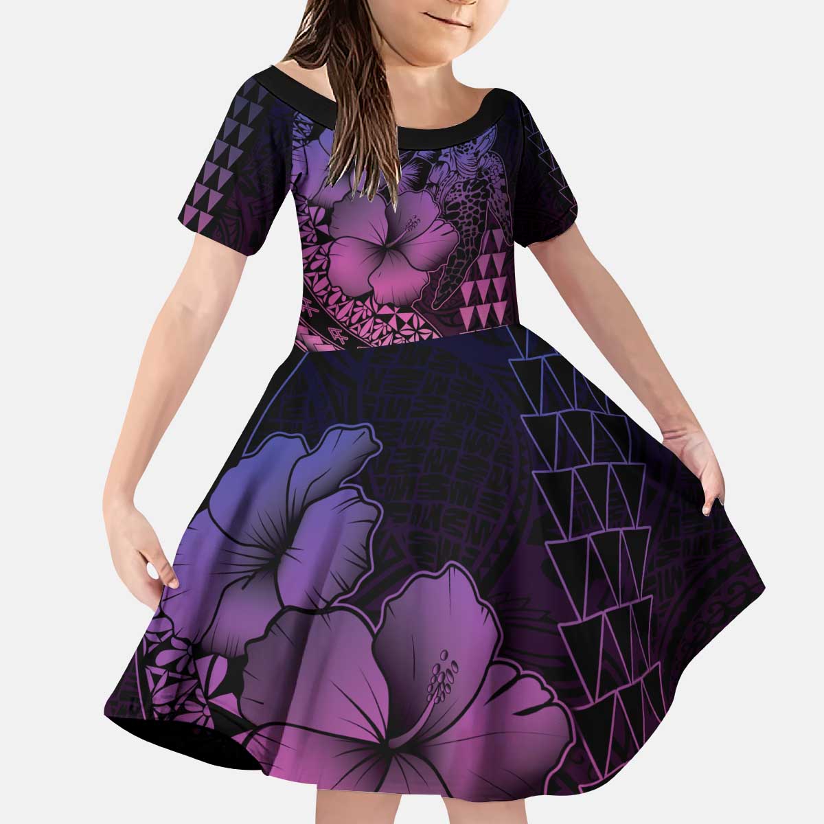 Hawaiian Sea Turtle Kid Short Sleeve Dress Pink Hibiscus Flowers and Kakau Pattern LT9 KID Pink - Polynesian Pride