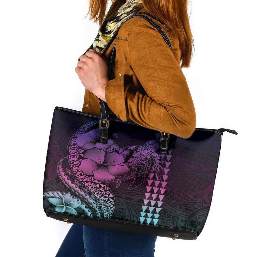 Hawaiian Sea Turtle Leather Tote Bag Pink Hibiscus Flowers and Kakau Pattern LT9 Pink - Polynesian Pride