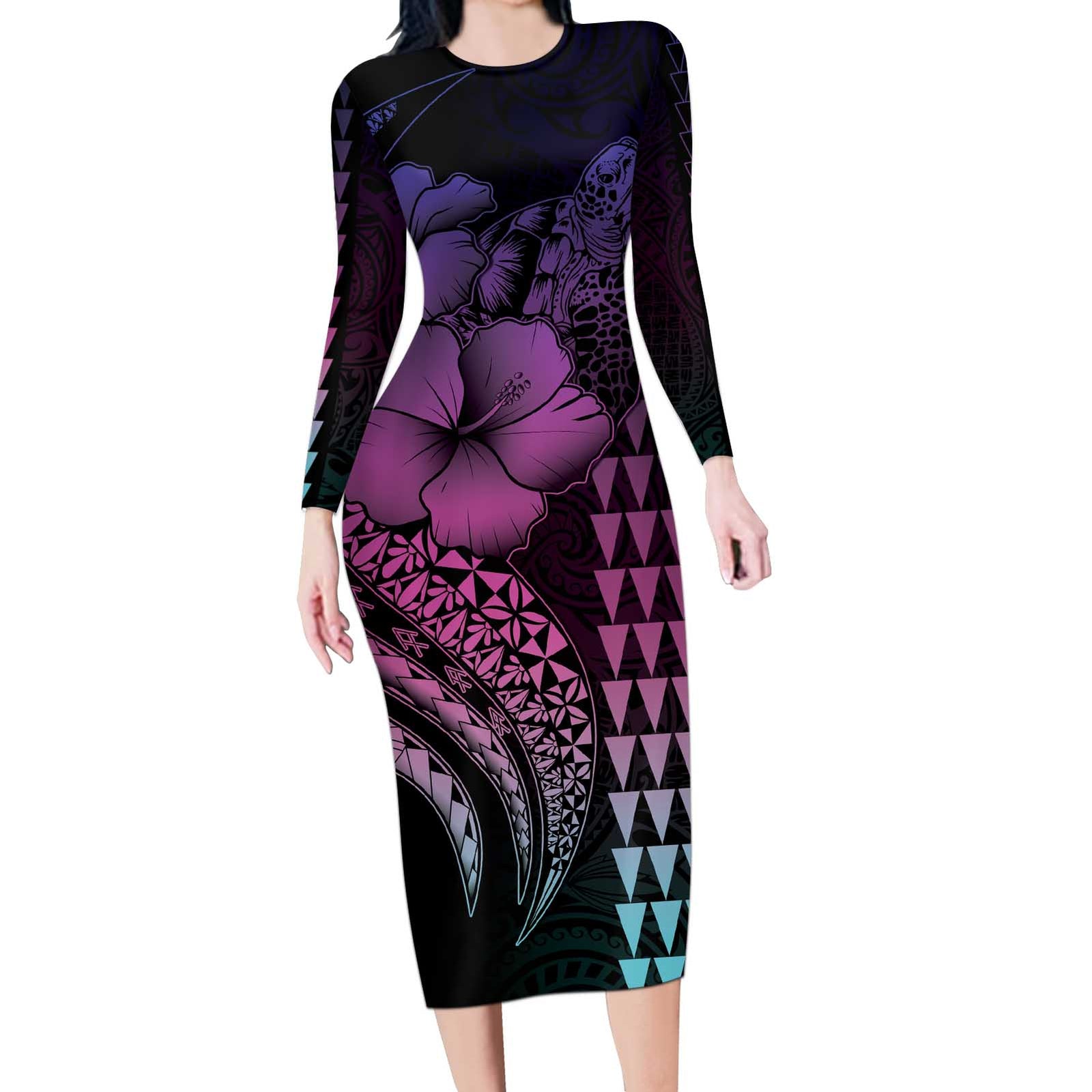 Hawaiian Sea Turtle Long Sleeve Bodycon Dress Pink Hibiscus Flowers and Kakau Pattern LT9 Long Dress Pink - Polynesian Pride