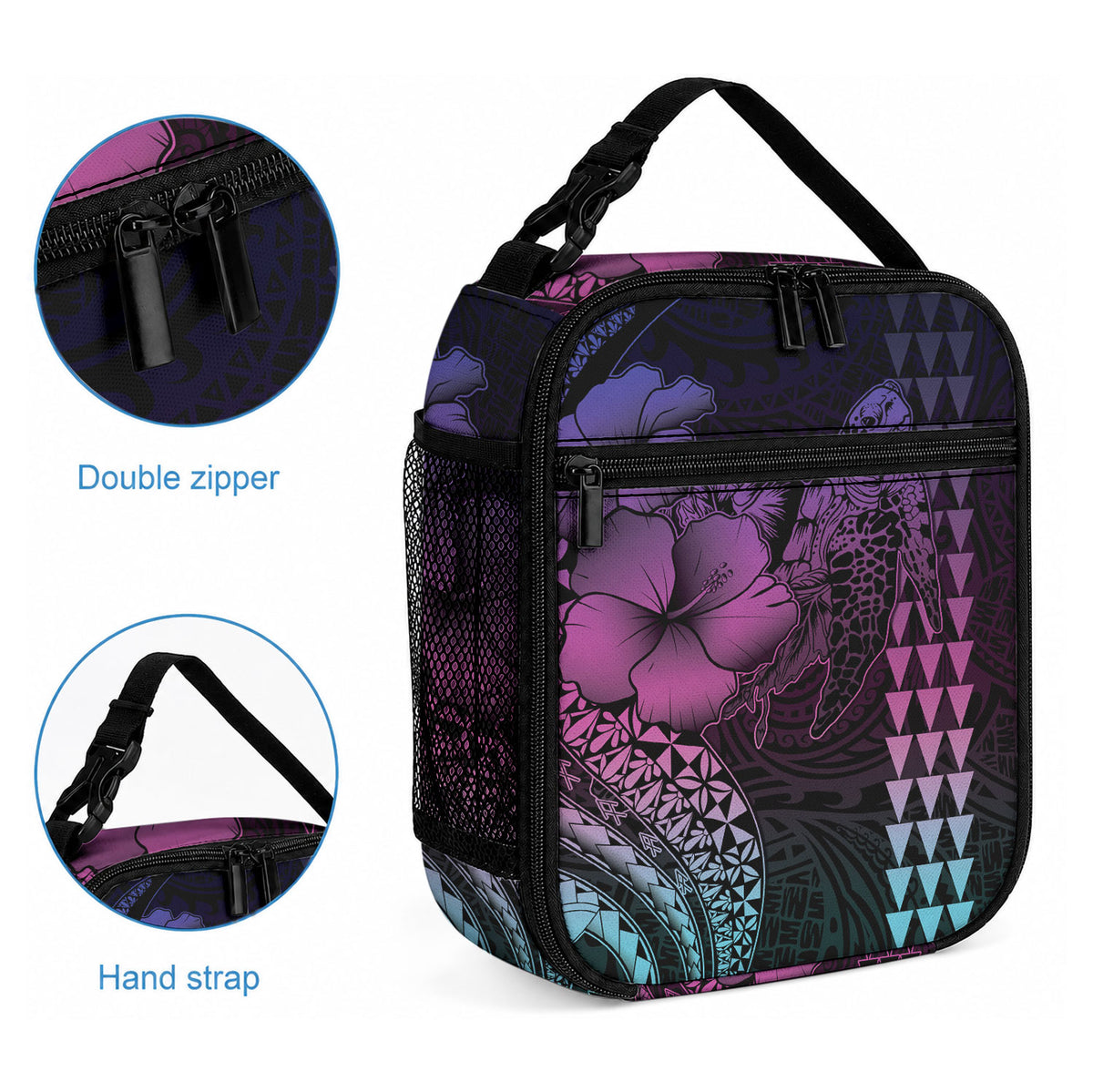 Hawaiian Sea Turtle Lunch Bag Pink Hibiscus Flowers and Kakau Pattern LT9 - Polynesian Pride