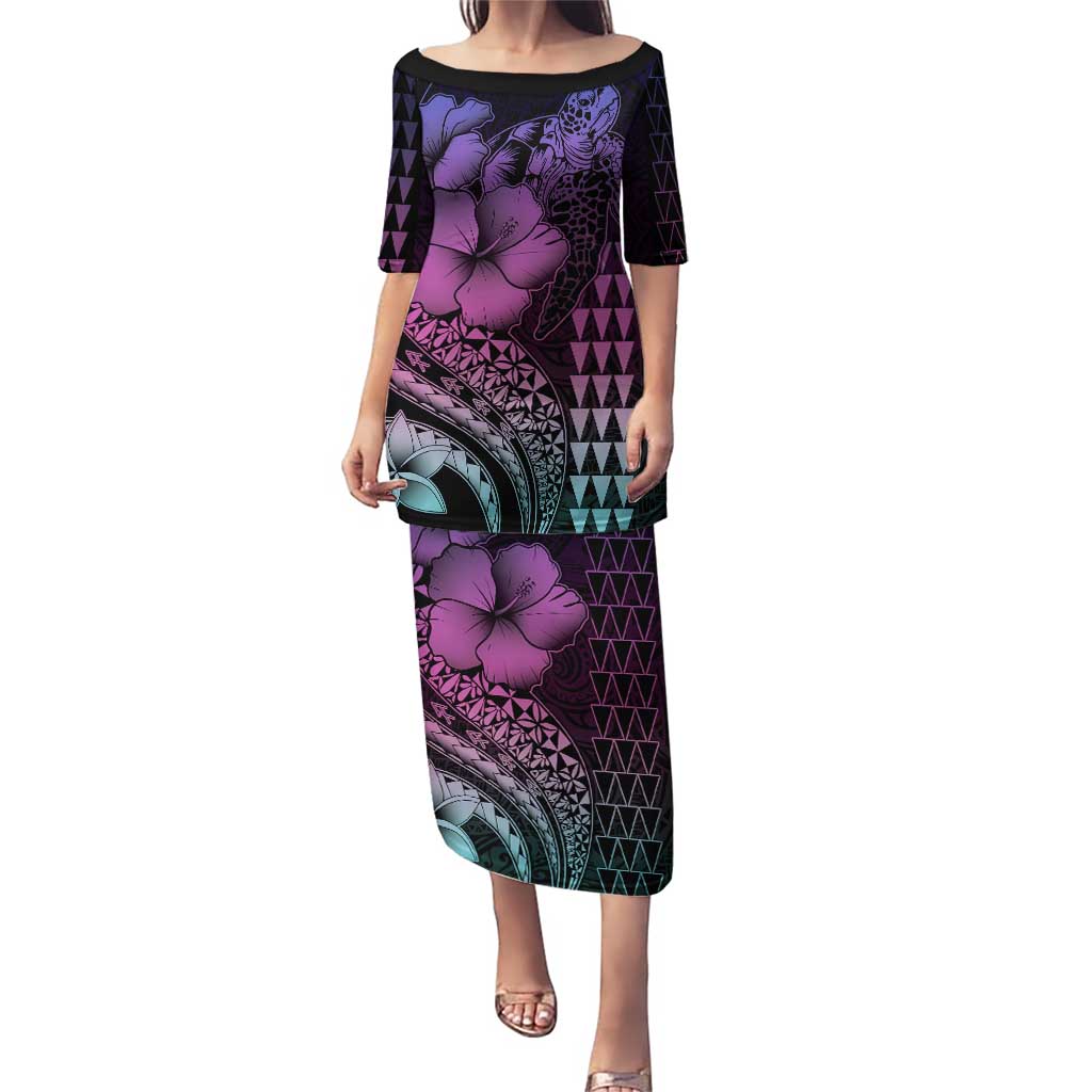 Hawaiian Sea Turtle Puletasi Pink Hibiscus Flowers and Kakau Pattern LT9 Long Dress Pink - Polynesian Pride