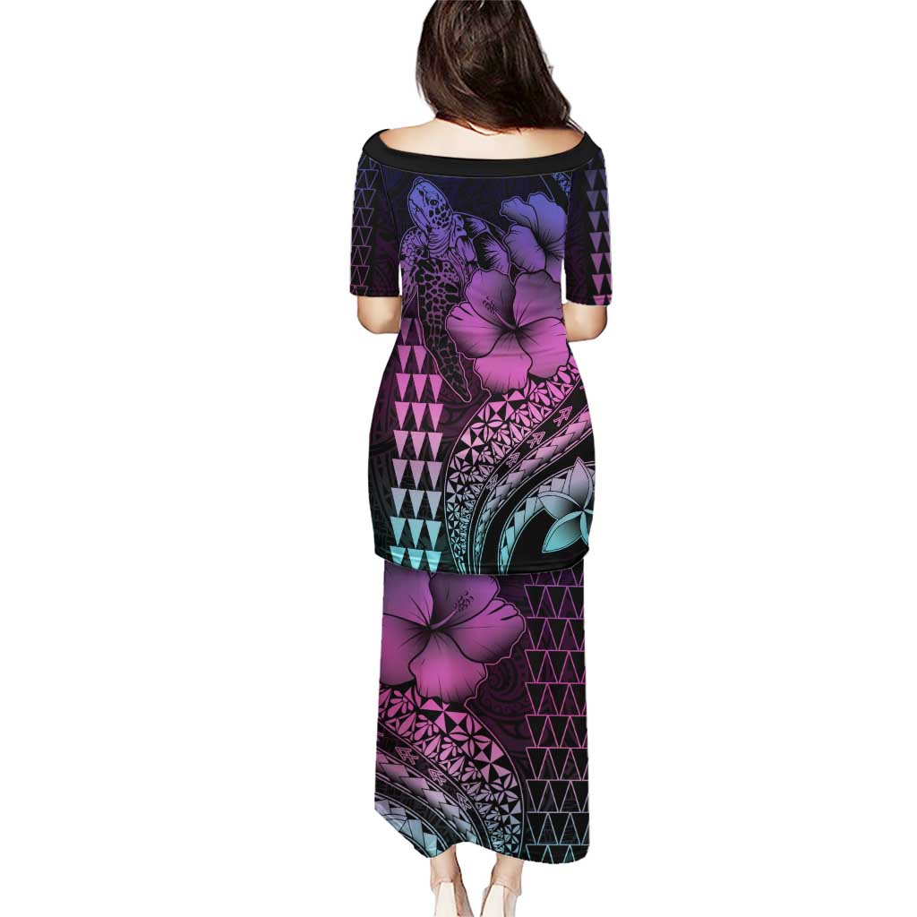 Hawaiian Sea Turtle Puletasi Pink Hibiscus Flowers and Kakau Pattern LT9 - Polynesian Pride