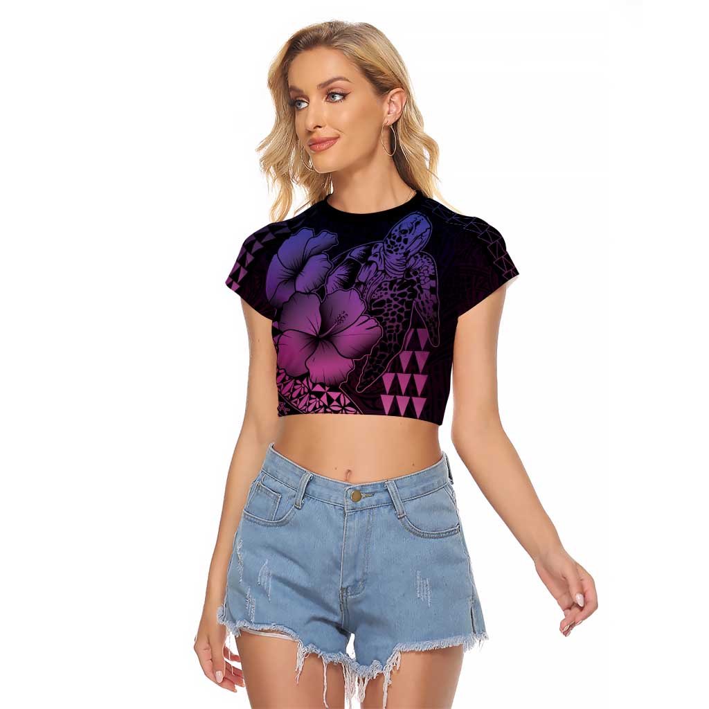 Hawaiian Sea Turtle Raglan Cropped T Shirt Pink Hibiscus Flowers and Kakau Pattern LT9 Female Pink - Polynesian Pride