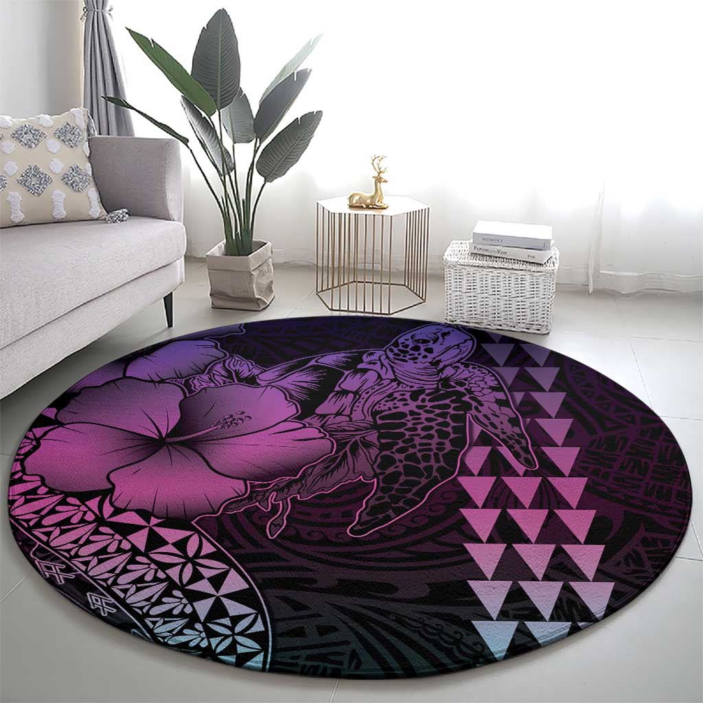 Hawaiian Sea Turtle Round Carpet Pink Hibiscus Flowers and Kakau Pattern LT9 - Polynesian Pride