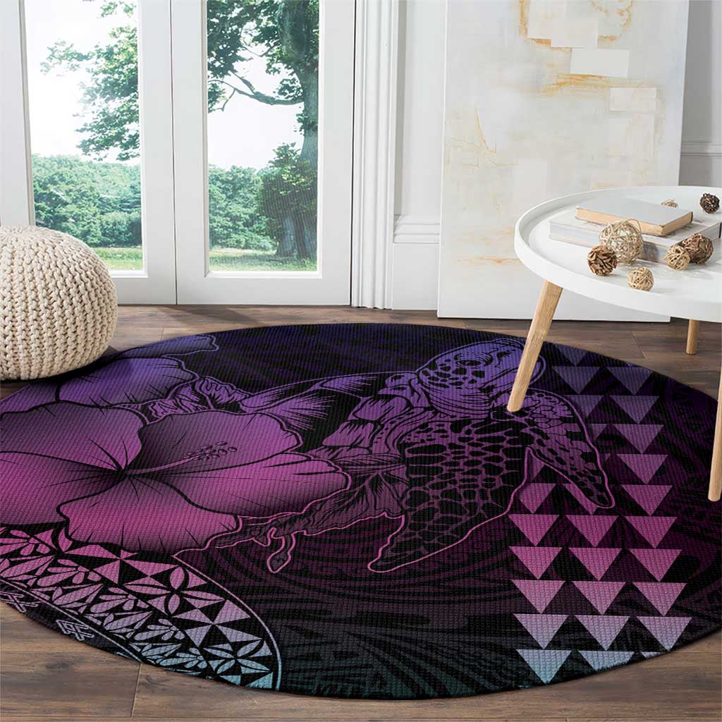 Hawaiian Sea Turtle Round Carpet Pink Hibiscus Flowers and Kakau Pattern LT9 - Polynesian Pride