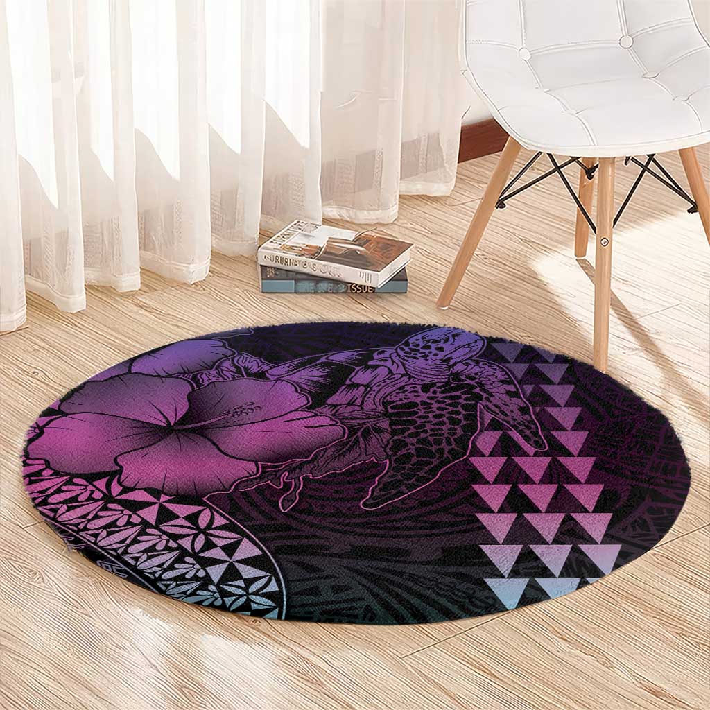Hawaiian Sea Turtle Round Carpet Pink Hibiscus Flowers and Kakau Pattern LT9 - Polynesian Pride