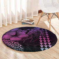 Hawaiian Sea Turtle Round Carpet Pink Hibiscus Flowers and Kakau Pattern LT9 - Polynesian Pride