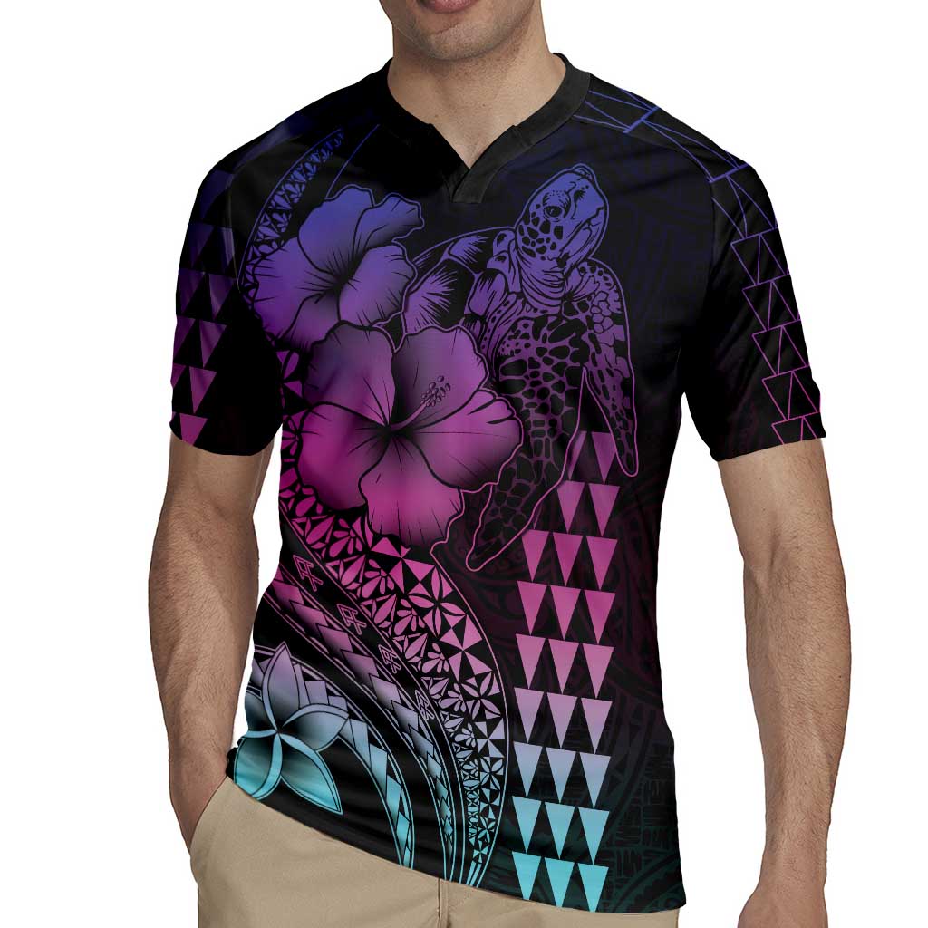 Hawaiian Sea Turtle Rugby Jersey Pink Hibiscus Flowers and Kakau Pattern LT9 - Polynesian Pride
