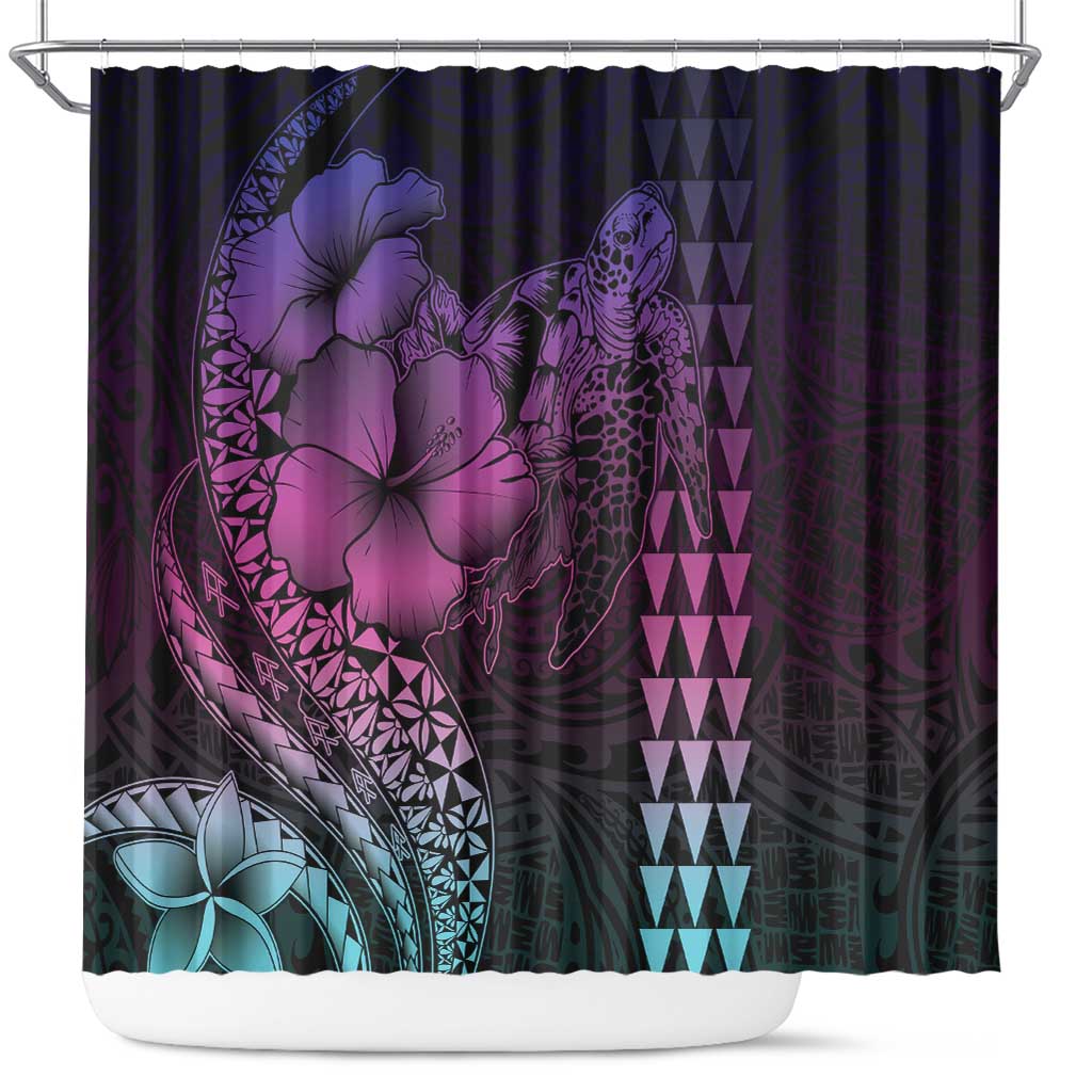 Hawaiian Sea Turtle Shower Curtain Pink Hibiscus Flowers and Kakau Pattern