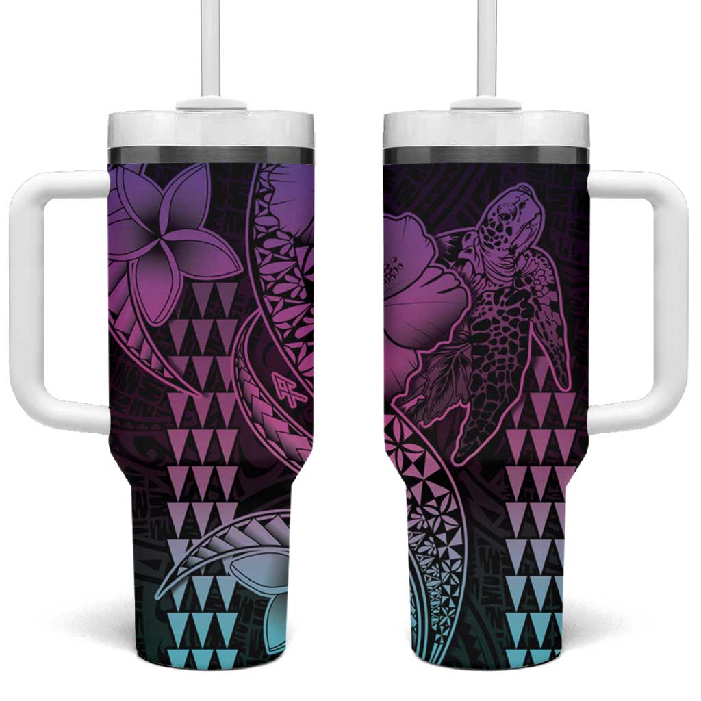 Hawaiian Sea Turtle Tumbler With Handle Pink Hibiscus Flowers and Kakau Pattern LT9 One Size: 40 oz Pink - Polynesian Pride