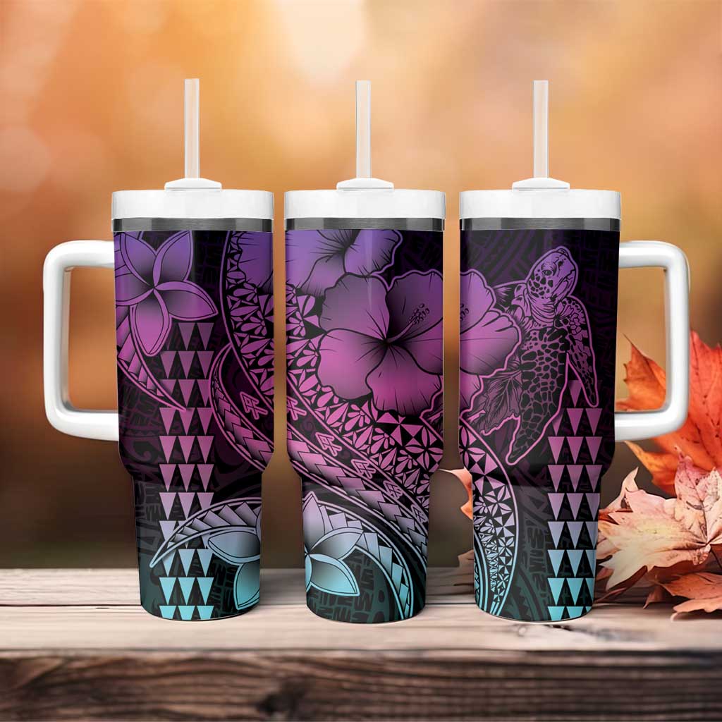 Hawaiian Sea Turtle Tumbler With Handle Pink Hibiscus Flowers and Kakau Pattern LT9 - Polynesian Pride