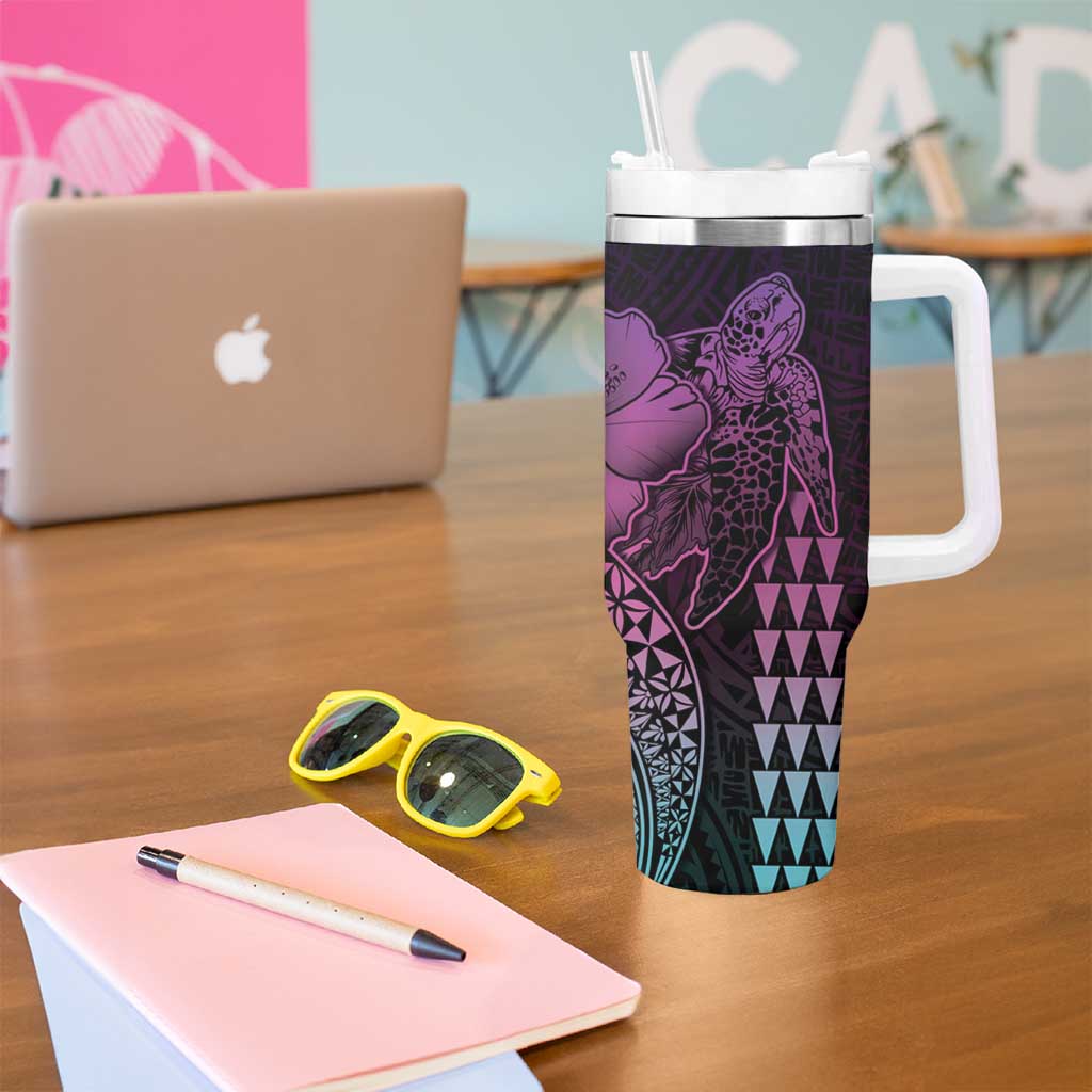 Hawaiian Sea Turtle Tumbler With Handle Pink Hibiscus Flowers and Kakau Pattern LT9 - Polynesian Pride
