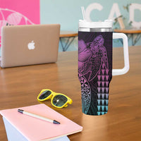 Hawaiian Sea Turtle Tumbler With Handle Pink Hibiscus Flowers and Kakau Pattern LT9 - Polynesian Pride