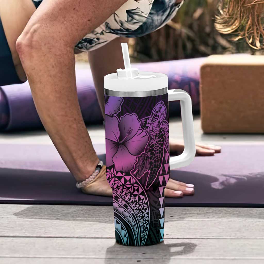 Hawaiian Sea Turtle Tumbler With Handle Pink Hibiscus Flowers and Kakau Pattern LT9 - Polynesian Pride