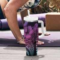 Hawaiian Sea Turtle Tumbler With Handle Pink Hibiscus Flowers and Kakau Pattern LT9 - Polynesian Pride
