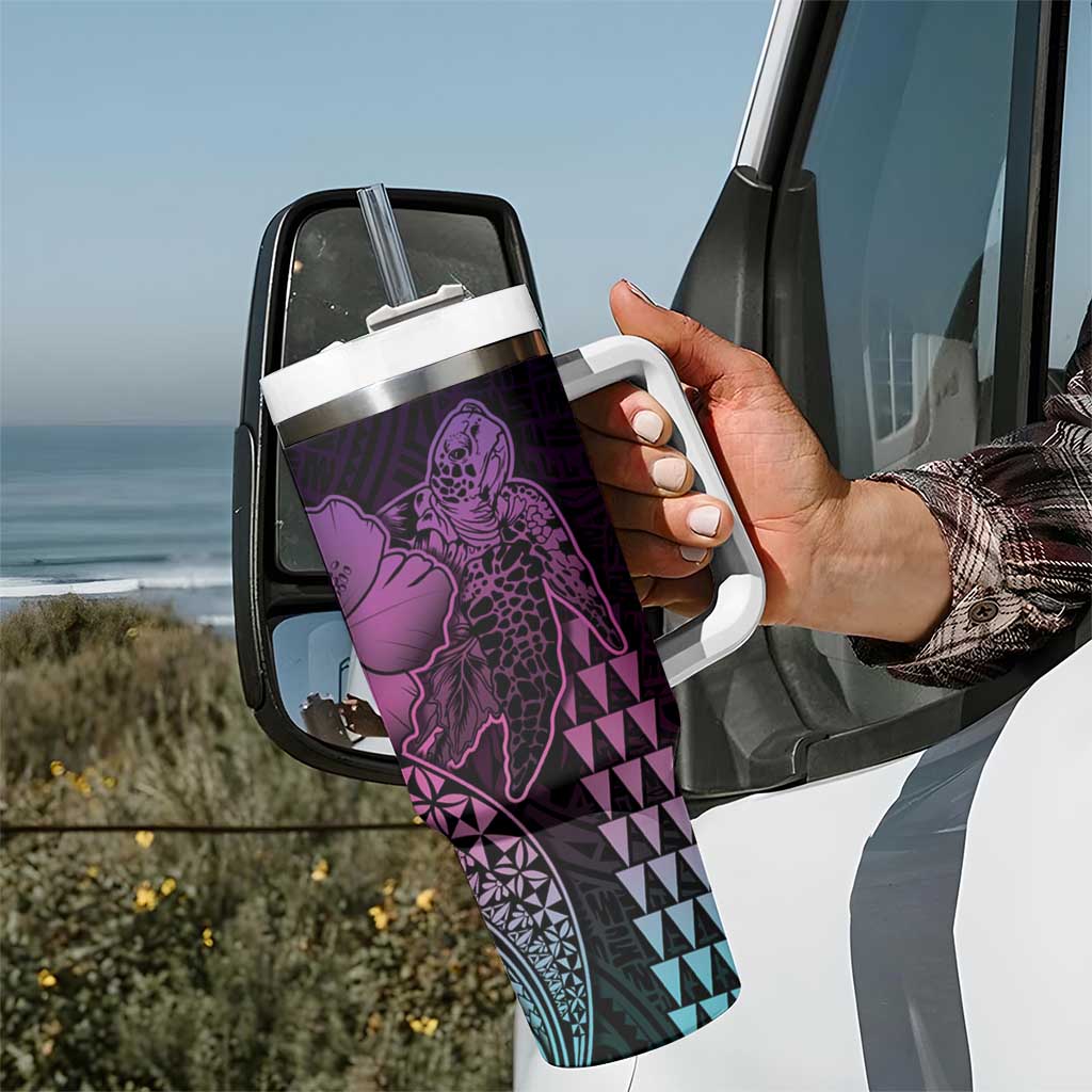 Hawaiian Sea Turtle Tumbler With Handle Pink Hibiscus Flowers and Kakau Pattern LT9 - Polynesian Pride