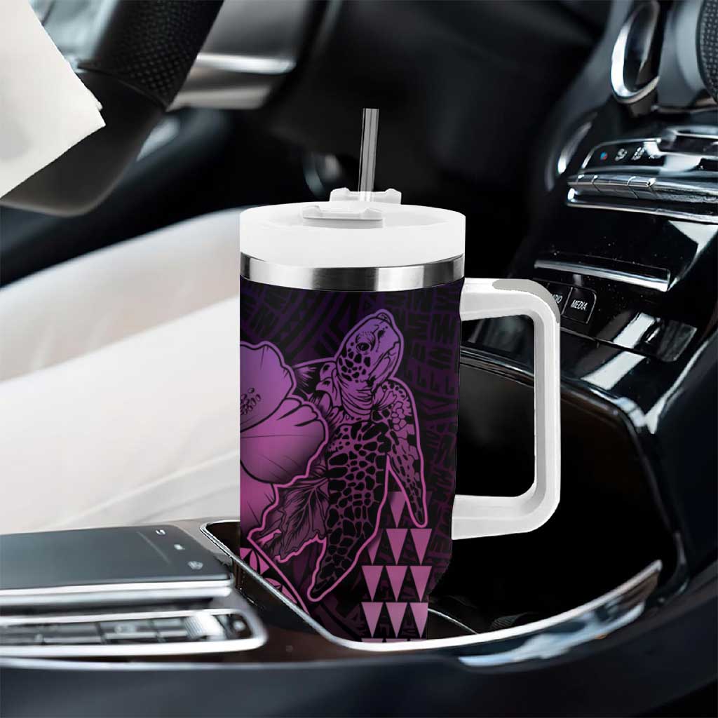 Hawaiian Sea Turtle Tumbler With Handle Pink Hibiscus Flowers and Kakau Pattern LT9 - Polynesian Pride