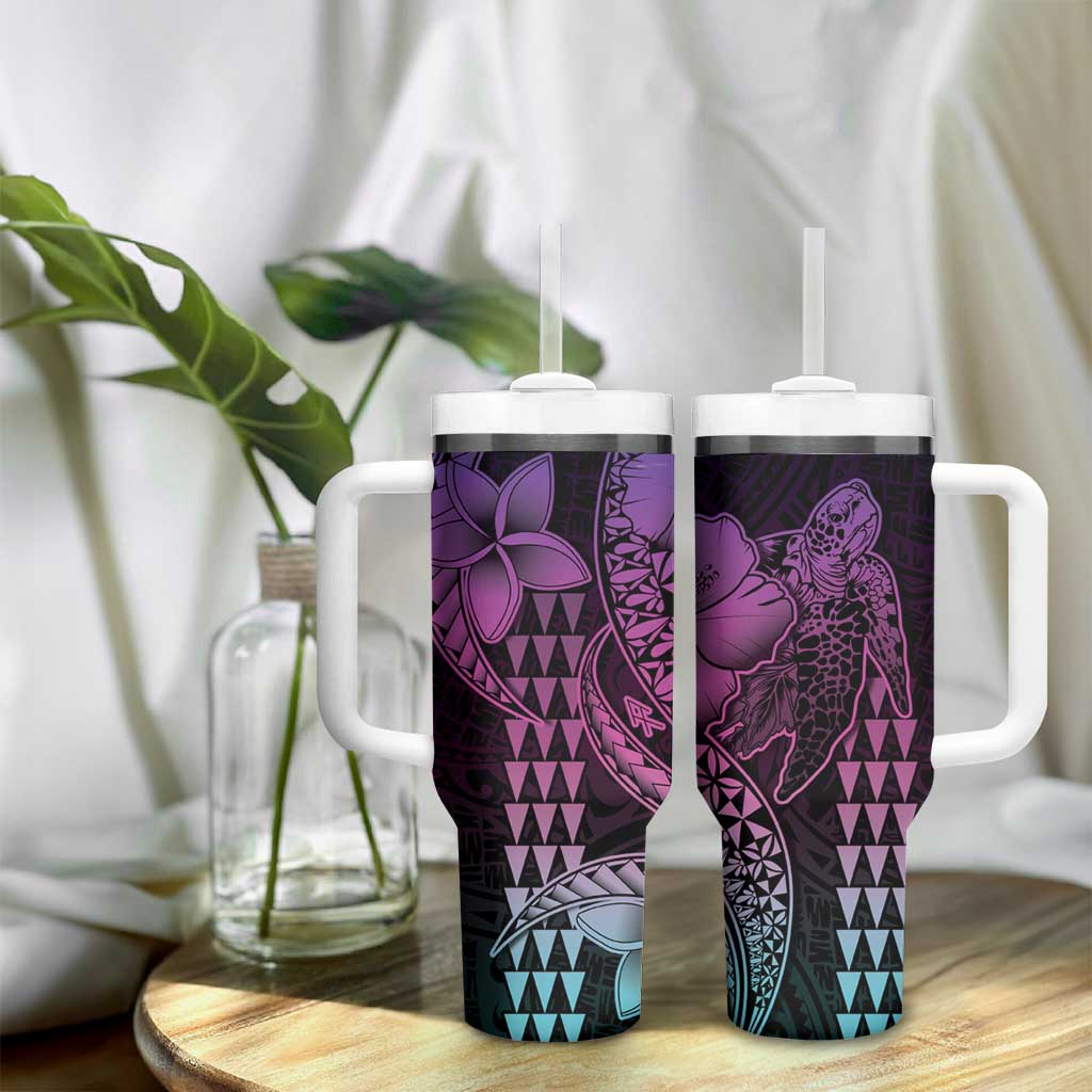 Hawaiian Sea Turtle Tumbler With Handle Pink Hibiscus Flowers and Kakau Pattern LT9 - Polynesian Pride
