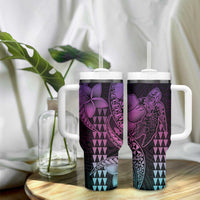 Hawaiian Sea Turtle Tumbler With Handle Pink Hibiscus Flowers and Kakau Pattern LT9 - Polynesian Pride