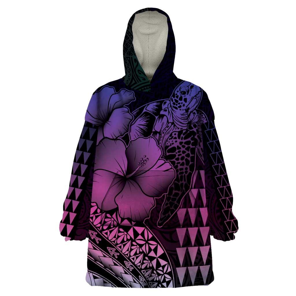 Hawaiian Sea Turtle Wearable Blanket Hoodie Pink Hibiscus Flowers and Kakau Pattern LT9 One Size Pink - Polynesian Pride