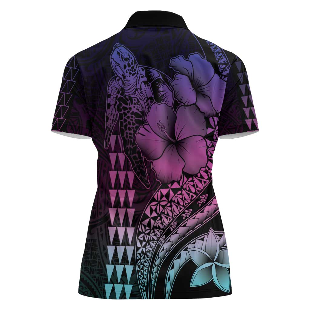 Hawaiian Sea Turtle Women Polo Shirt Pink Hibiscus Flowers and Kakau Pattern LT9 - Polynesian Pride