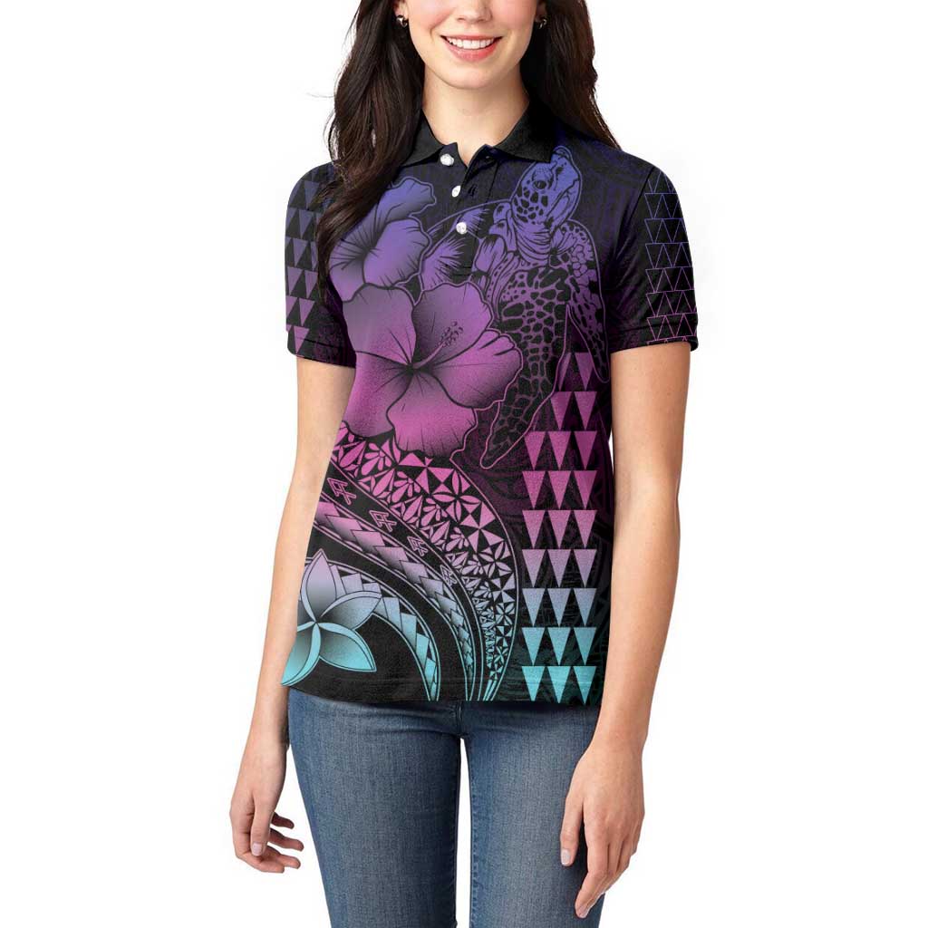Hawaiian Sea Turtle Women Polo Shirt Pink Hibiscus Flowers and Kakau Pattern LT9 - Polynesian Pride