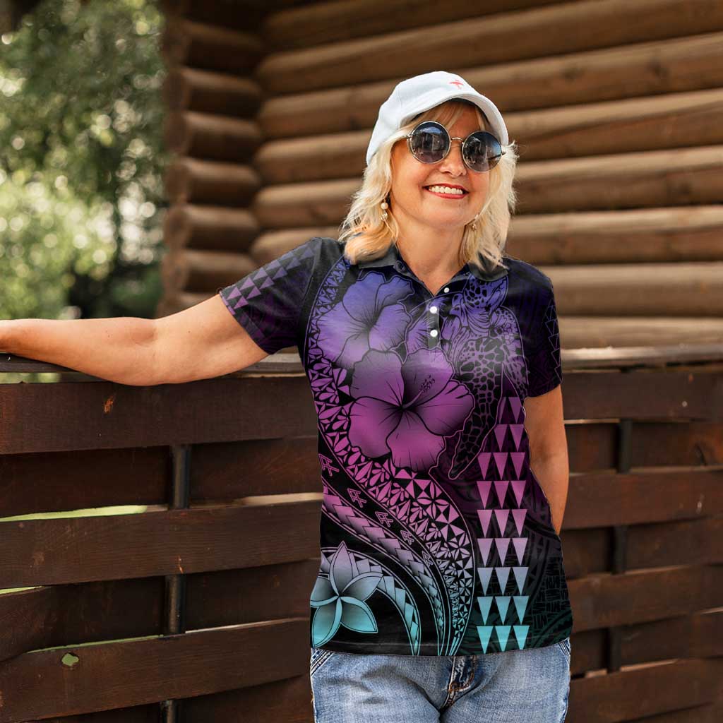 Hawaiian Sea Turtle Women Polo Shirt Pink Hibiscus Flowers and Kakau Pattern LT9 - Polynesian Pride
