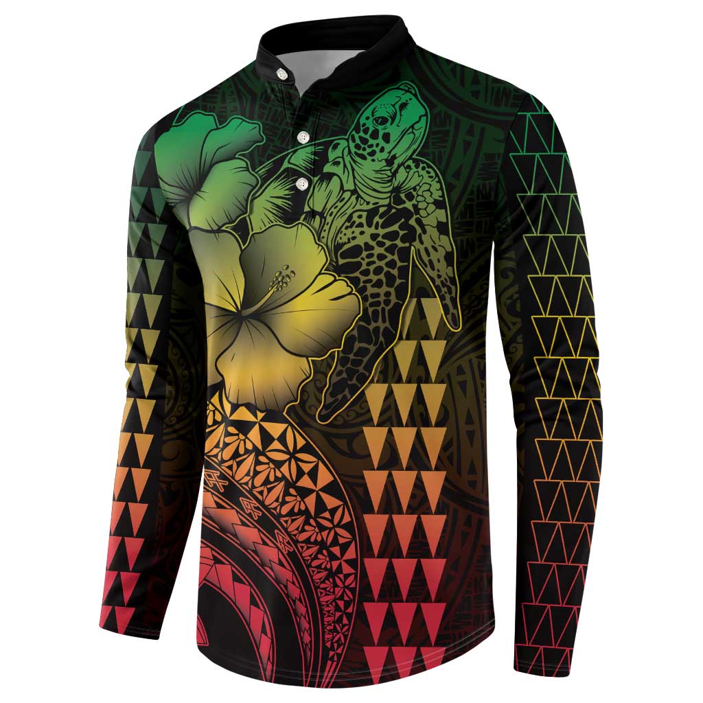 Hawaiian Sea Turtle Button Sweatshirt Reggae Hibiscus Flowers and Kakau Pattern LT9 - Polynesian Pride