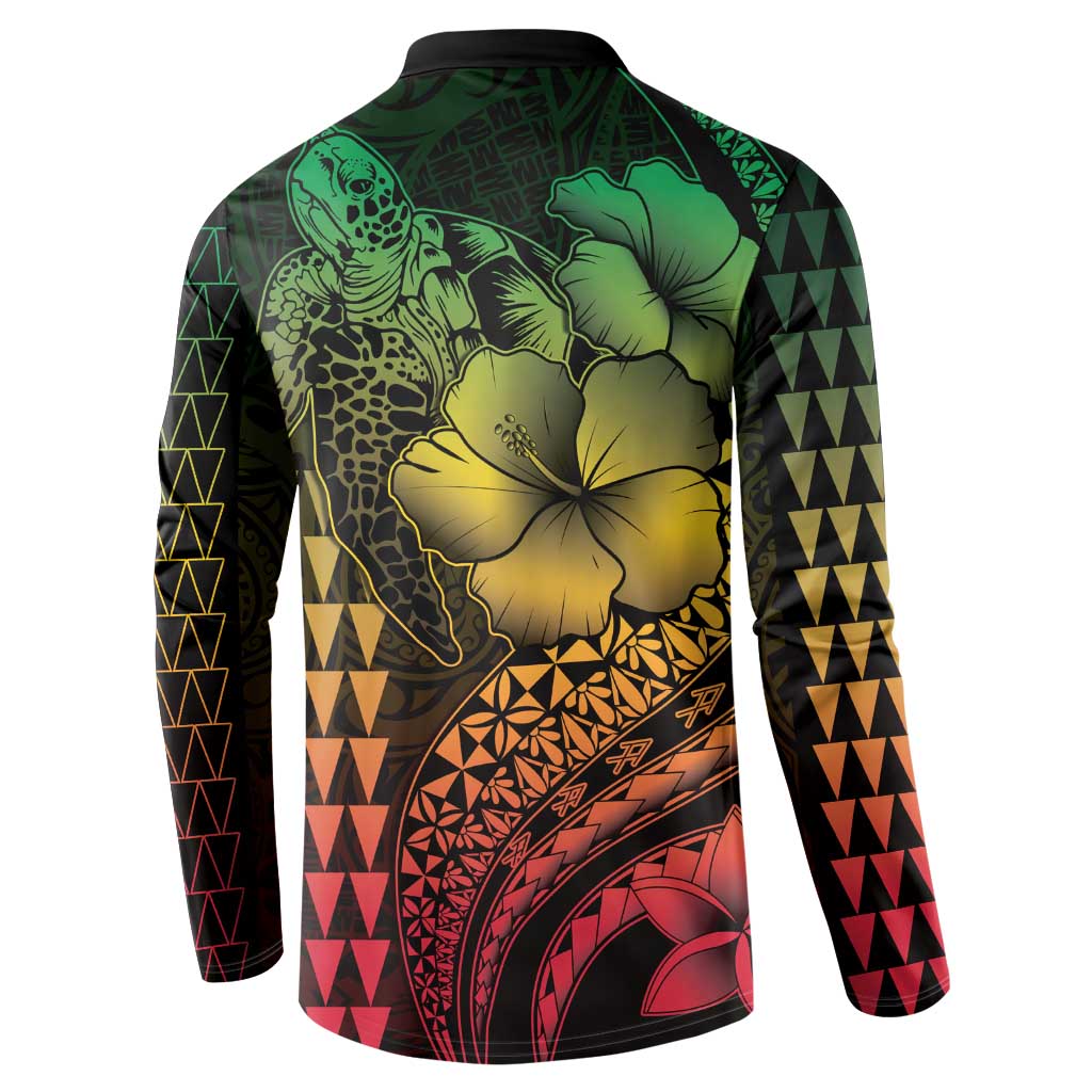 Hawaiian Sea Turtle Button Sweatshirt Reggae Hibiscus Flowers and Kakau Pattern LT9 - Polynesian Pride