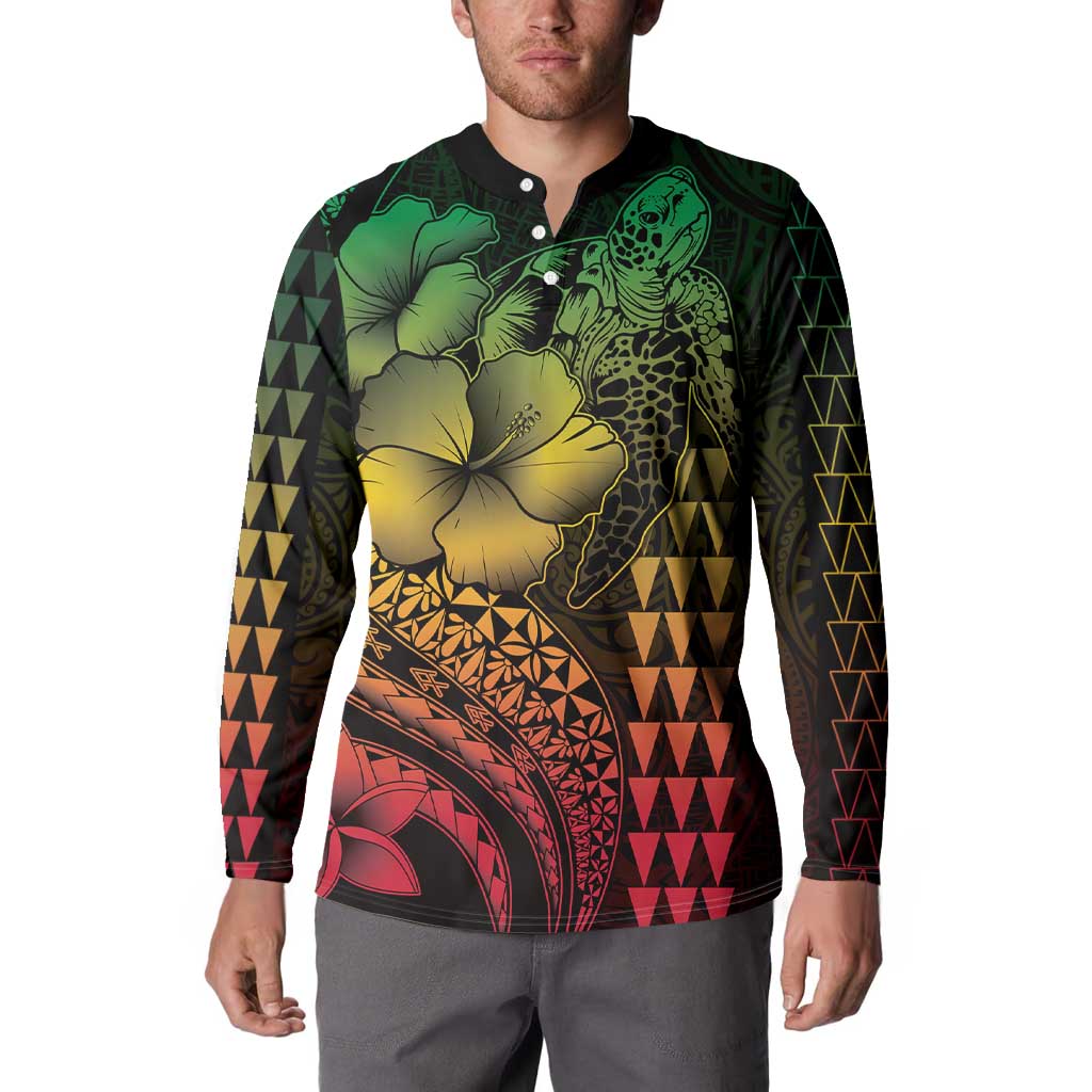 Hawaiian Sea Turtle Button Sweatshirt Reggae Hibiscus Flowers and Kakau Pattern LT9 - Polynesian Pride