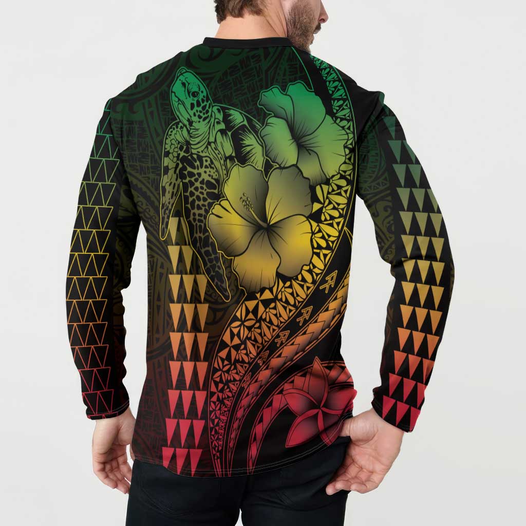 Hawaiian Sea Turtle Button Sweatshirt Reggae Hibiscus Flowers and Kakau Pattern LT9 - Polynesian Pride