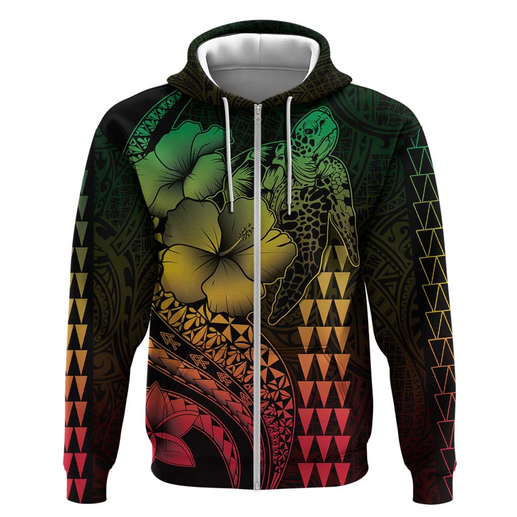 Hawaiian Sea Turtle Hoodie Reggae Hibiscus Flowers and Kakau Pattern LT9 Zip Hoodie Reggae - Polynesian Pride