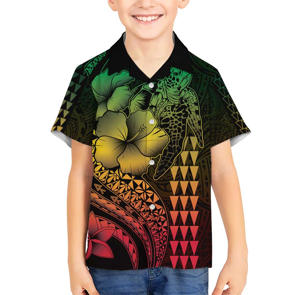 Hawaiian Sea Turtle Kid Hawaiian Shirt Reggae Hibiscus Flowers and Kakau Pattern LT9 Kid Reggae - Polynesian Pride