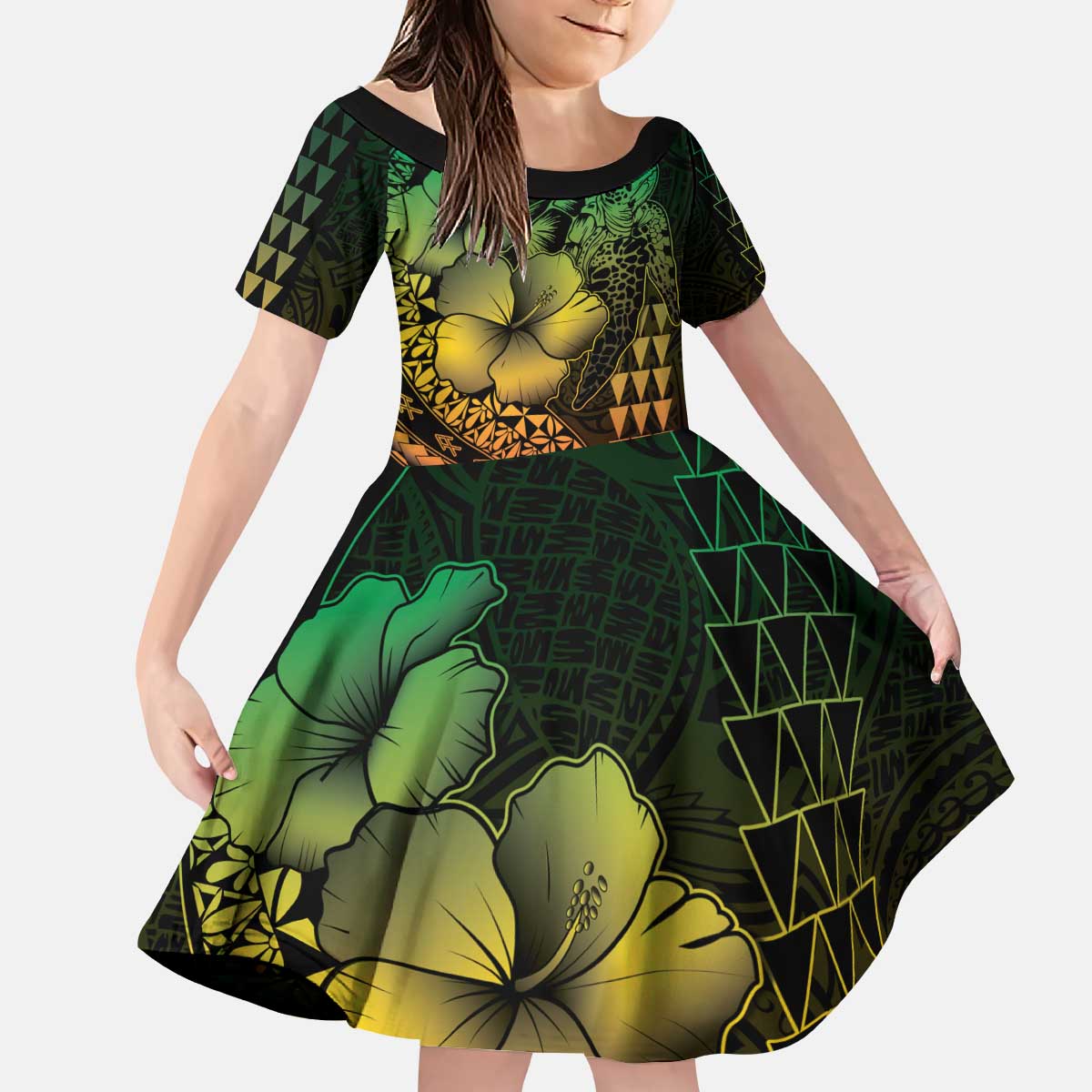 Hawaiian Sea Turtle Kid Short Sleeve Dress Reggae Hibiscus Flowers and Kakau Pattern LT9 KID Reggae - Polynesian Pride
