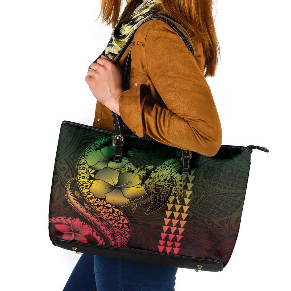 Hawaiian Sea Turtle Leather Tote Bag Reggae Hibiscus Flowers and Kakau Pattern LT9 Reggae - Polynesian Pride