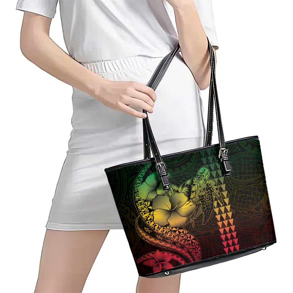 Hawaiian Sea Turtle Leather Tote Bag Reggae Hibiscus Flowers and Kakau Pattern LT9 - Polynesian Pride