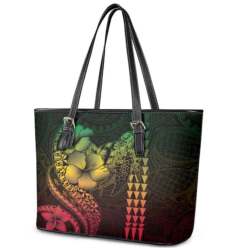 Hawaiian Sea Turtle Leather Tote Bag Reggae Hibiscus Flowers and Kakau Pattern LT9 - Polynesian Pride
