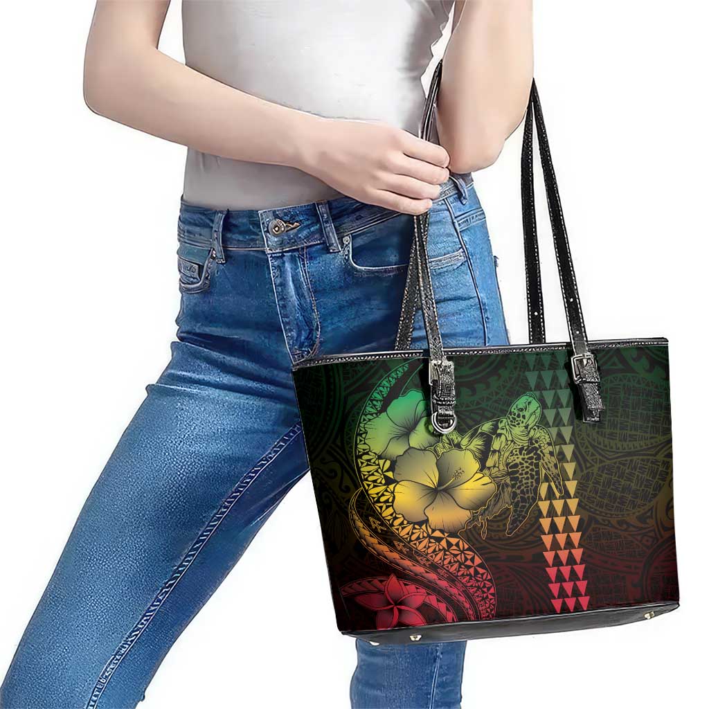 Hawaiian Sea Turtle Leather Tote Bag Reggae Hibiscus Flowers and Kakau Pattern LT9 - Polynesian Pride