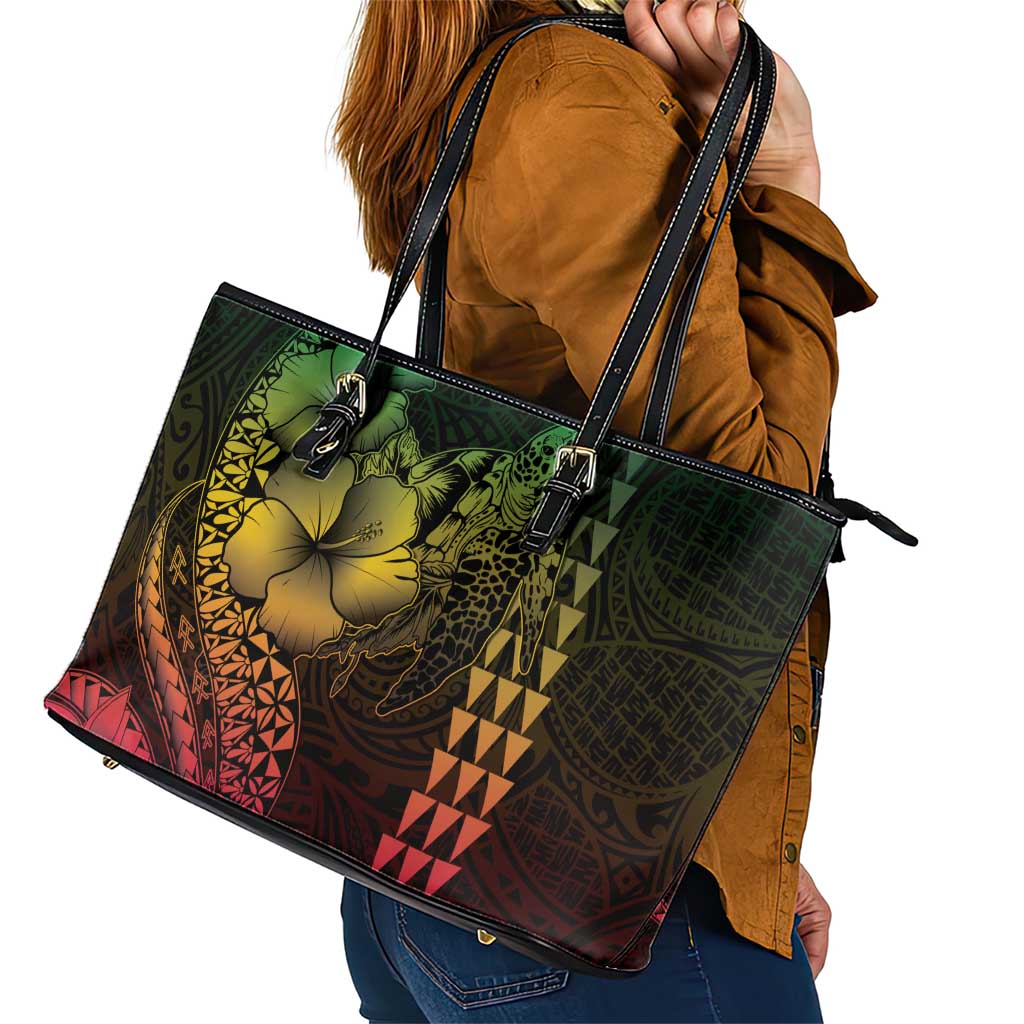 Hawaiian Sea Turtle Leather Tote Bag Reggae Hibiscus Flowers and Kakau Pattern LT9 - Polynesian Pride