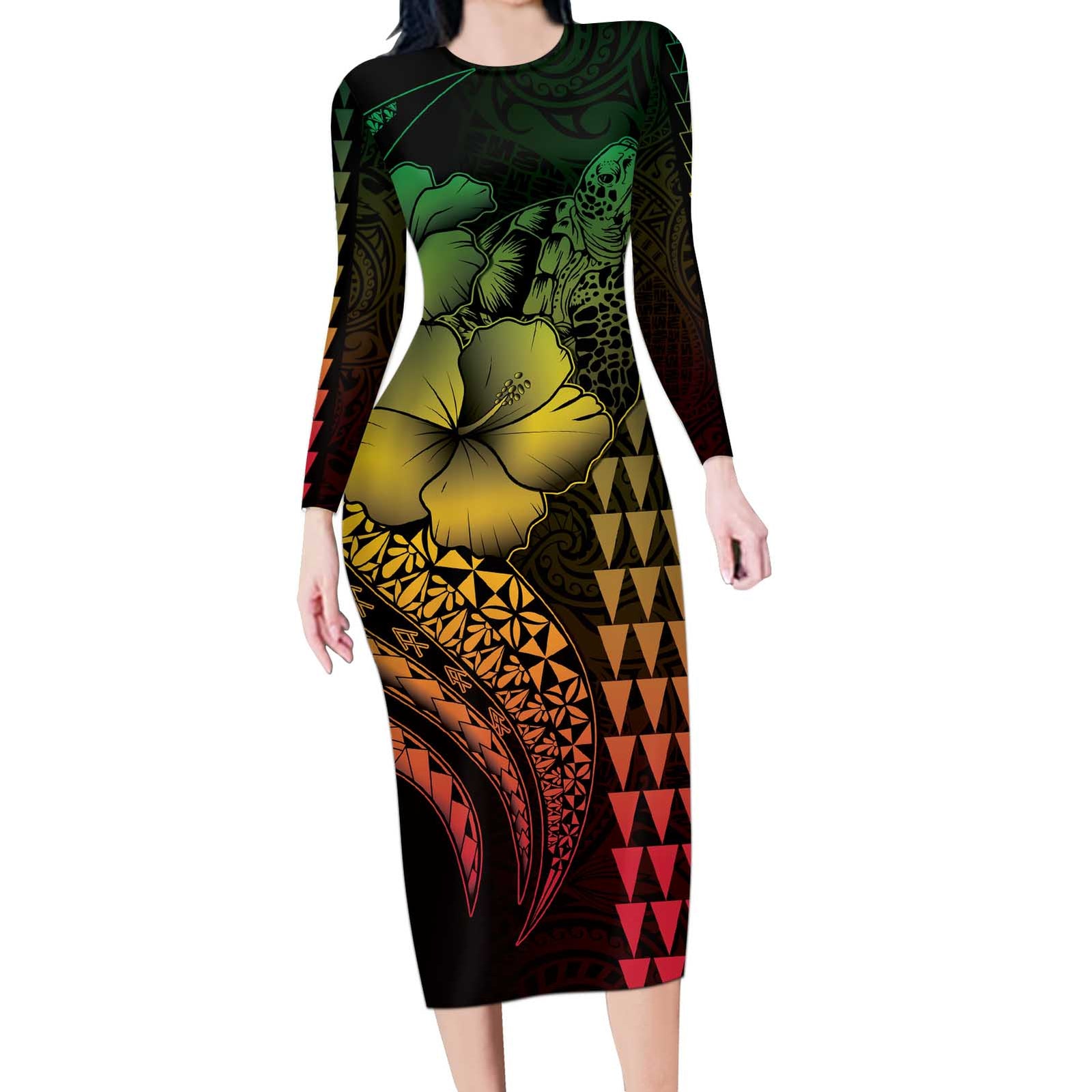 Hawaiian Sea Turtle Long Sleeve Bodycon Dress Reggae Hibiscus Flowers and Kakau Pattern LT9 Long Dress Reggae - Polynesian Pride