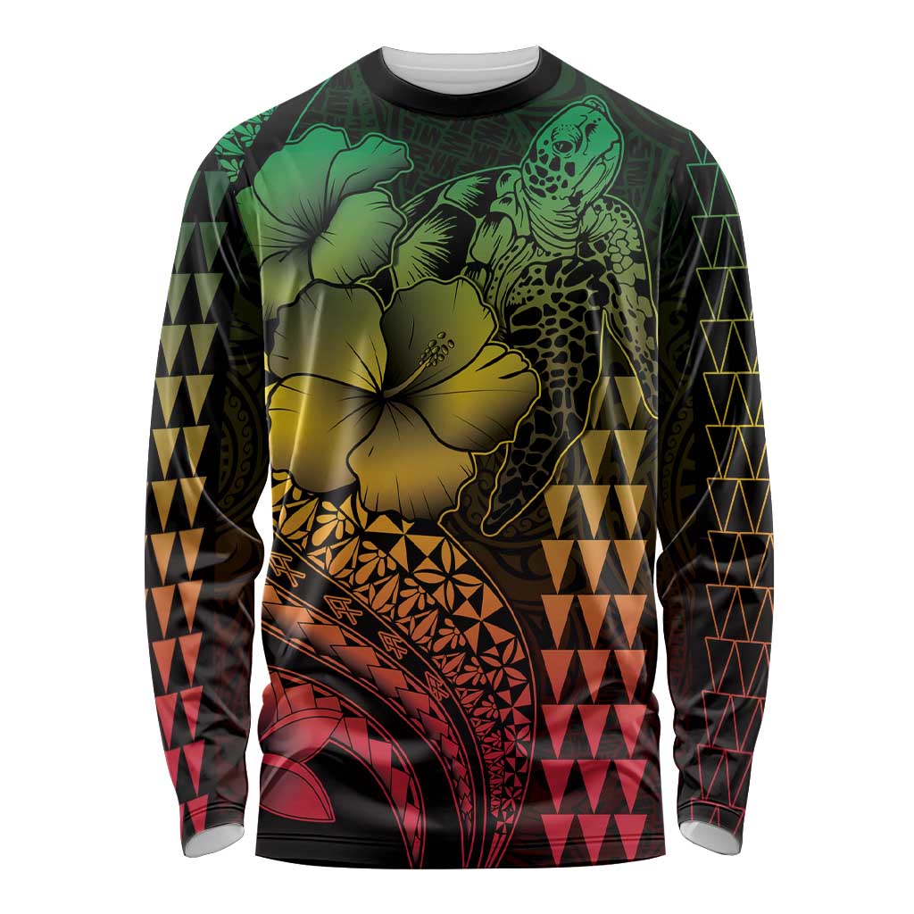 Hawaiian Sea Turtle Long Sleeve Shirt Reggae Hibiscus Flowers and Kakau Pattern LT9 Unisex Reggae - Polynesian Pride