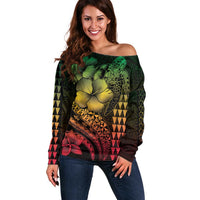 Hawaiian Sea Turtle Off Shoulder Sweater Reggae Hibiscus Flowers and Kakau Pattern LT9 Women Reggae - Polynesian Pride