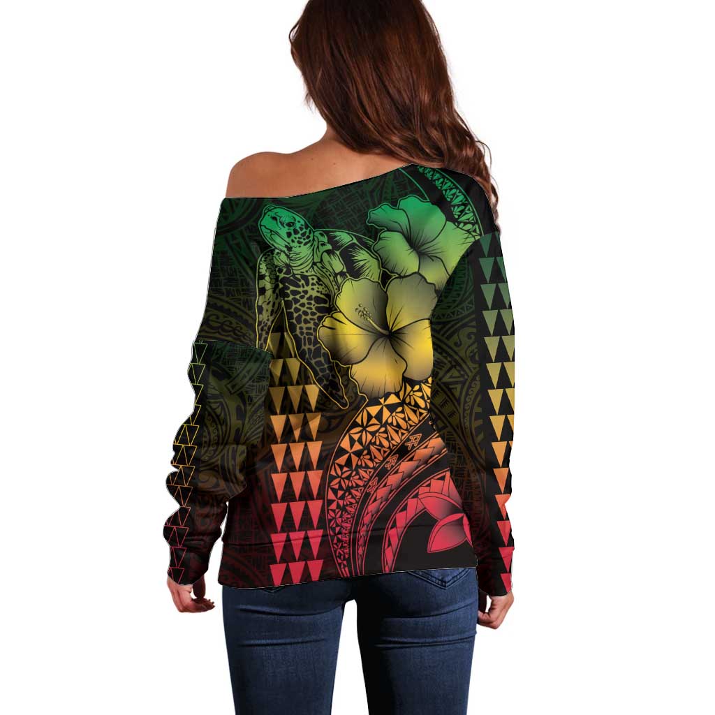 Hawaiian Sea Turtle Off Shoulder Sweater Reggae Hibiscus Flowers and Kakau Pattern LT9 - Polynesian Pride