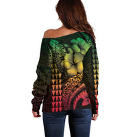 Hawaiian Sea Turtle Off Shoulder Sweater Reggae Hibiscus Flowers and Kakau Pattern LT9 - Polynesian Pride
