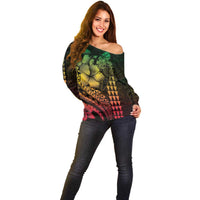 Hawaiian Sea Turtle Off Shoulder Sweater Reggae Hibiscus Flowers and Kakau Pattern LT9 - Polynesian Pride