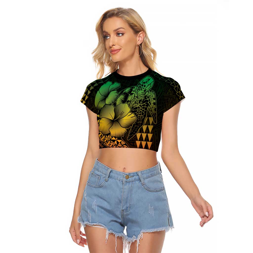Hawaiian Sea Turtle Raglan Cropped T Shirt Reggae Hibiscus Flowers and Kakau Pattern LT9 Female Reggae - Polynesian Pride