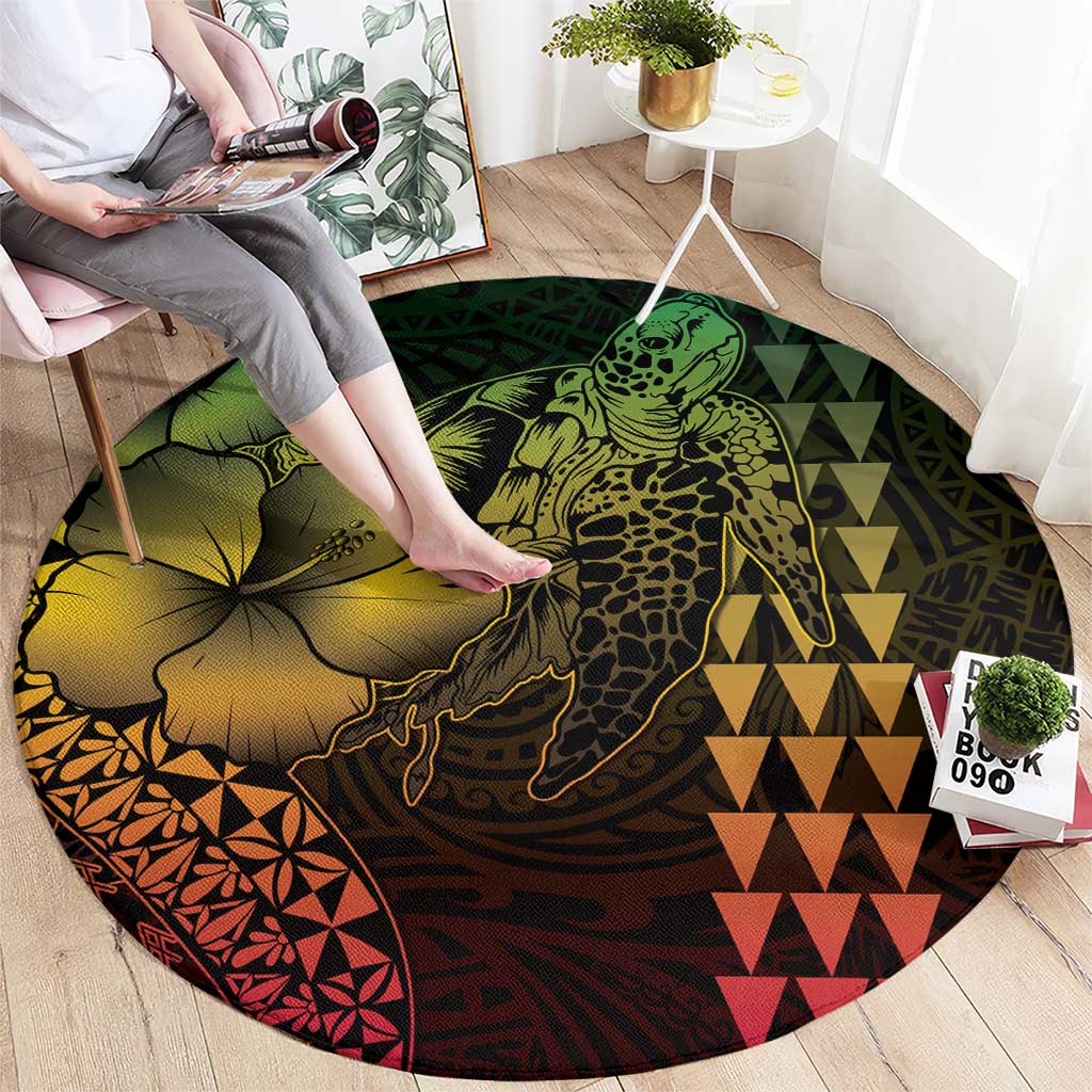 Hawaiian Sea Turtle Round Carpet Reggae Hibiscus Flowers and Kakau Pattern LT9 - Polynesian Pride