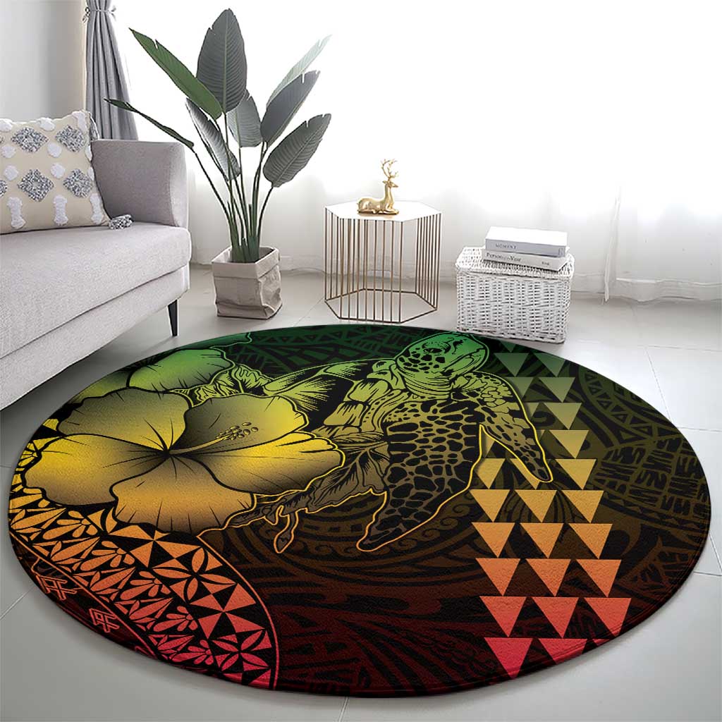 Hawaiian Sea Turtle Round Carpet Reggae Hibiscus Flowers and Kakau Pattern LT9 - Polynesian Pride