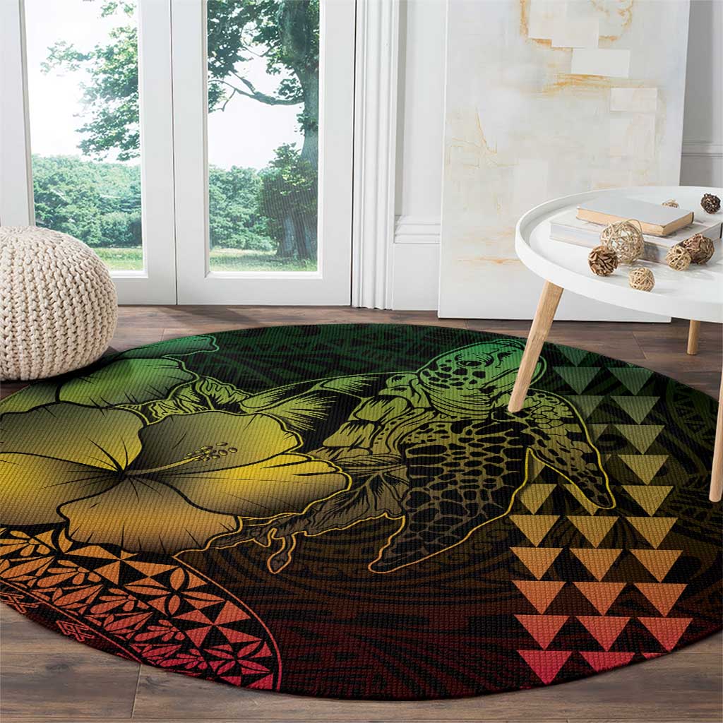 Hawaiian Sea Turtle Round Carpet Reggae Hibiscus Flowers and Kakau Pattern LT9 - Polynesian Pride